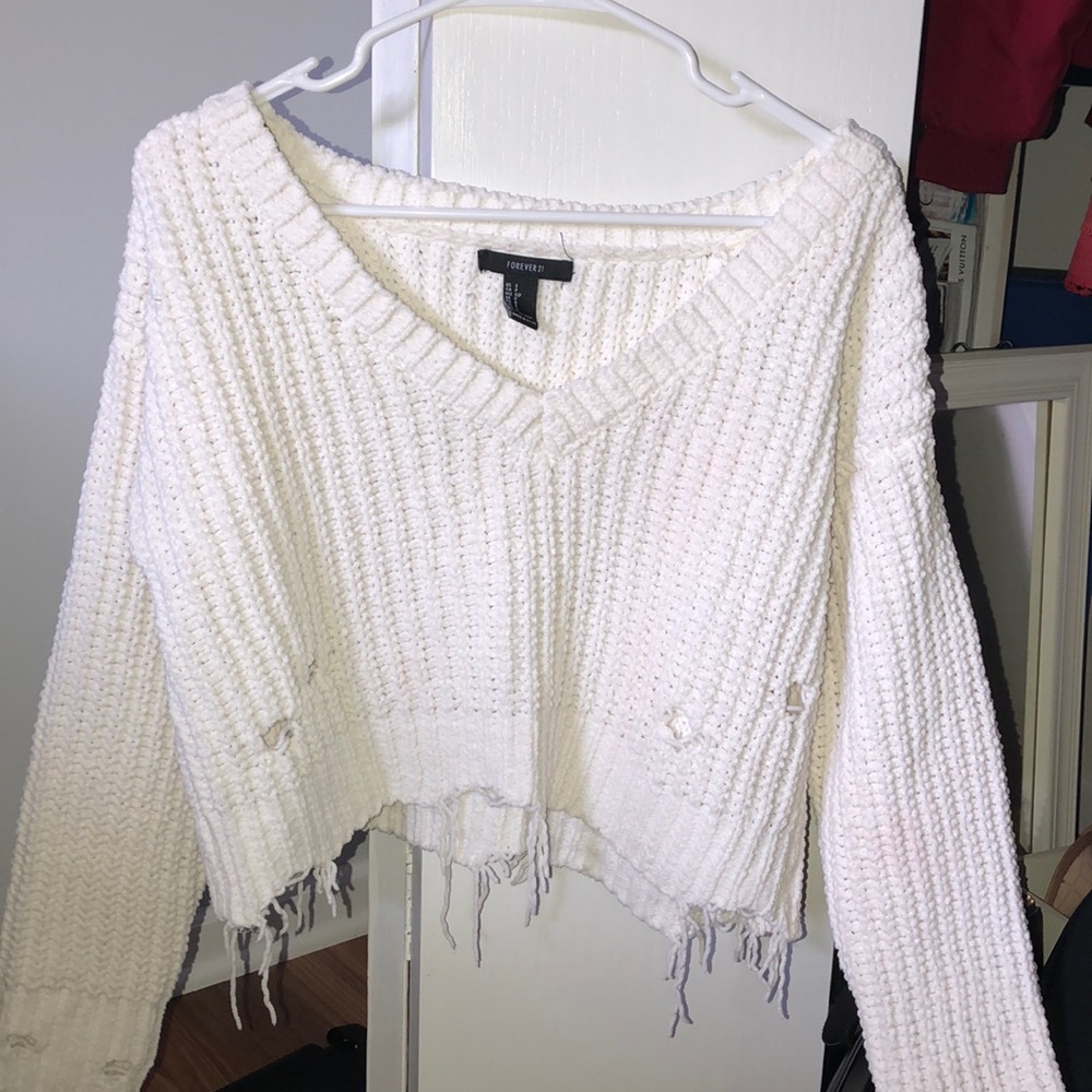 distressed and cropped white sweater